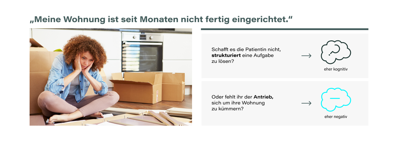 Frau, die nicht in der Lage ist ihre Wohnung einzurichten aufgrund der Schizophrenie