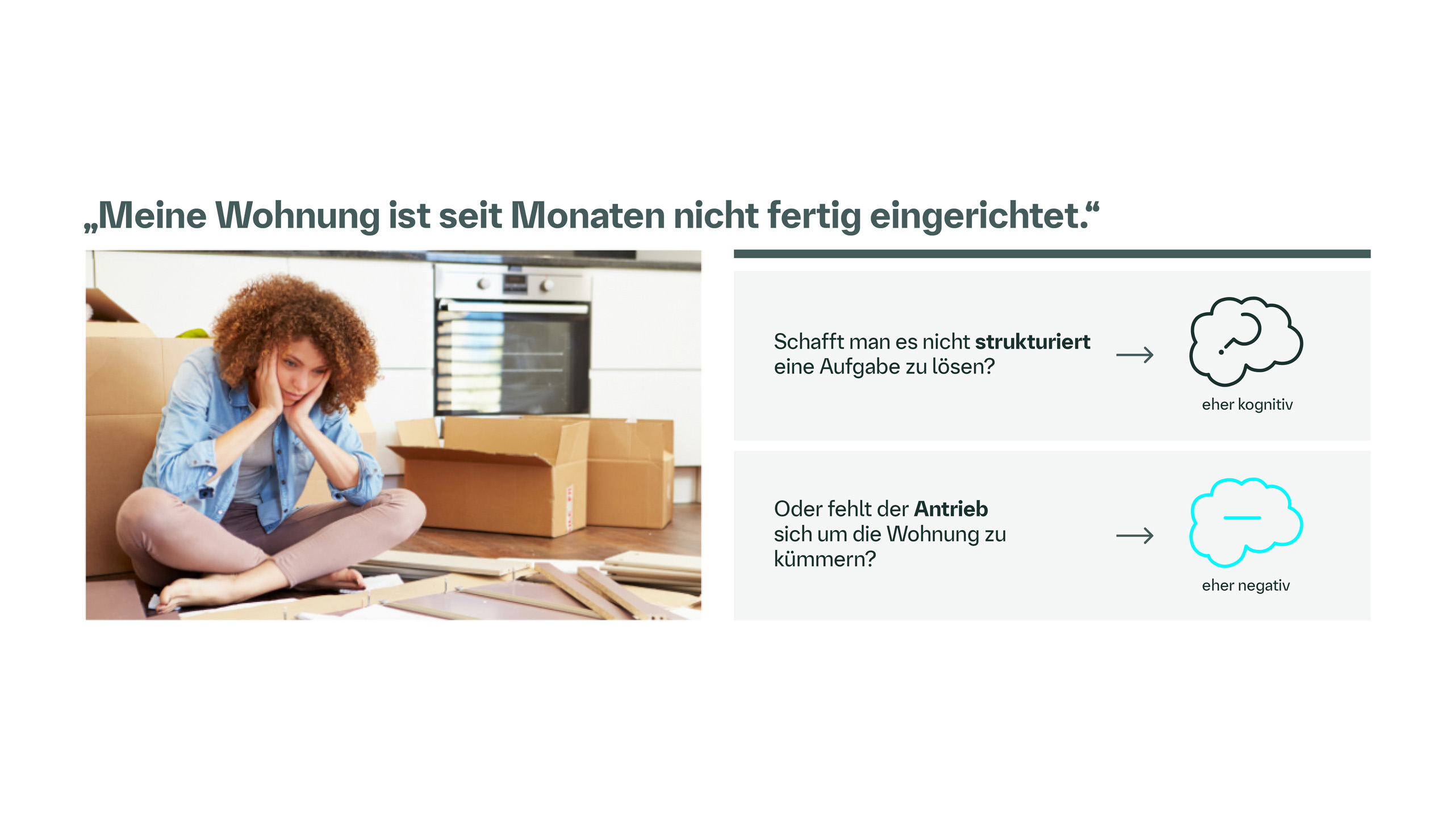 Frau, die nicht in der Lage ist ihre Wohnung einzurichten aufgrund der Schizophrenie