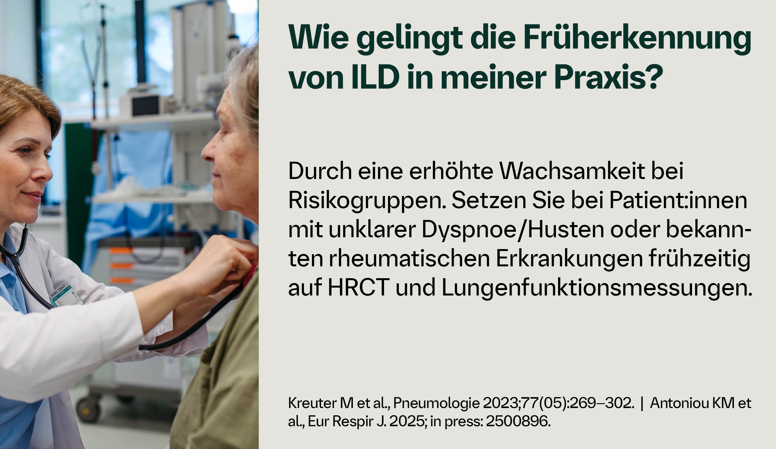 Wie gelingt die Früherkennung von ILD in meiner Praxis? Durch eine erhöhte Wachsamkeit bei Risikogruppen. Setzen Sie bei Patient:innen mit unklarer Dyspnoe/Husten oder bekannten rheumatischen Erkrankungen frühzeitig auf HRCT und Lungenfunktionsmessungen.