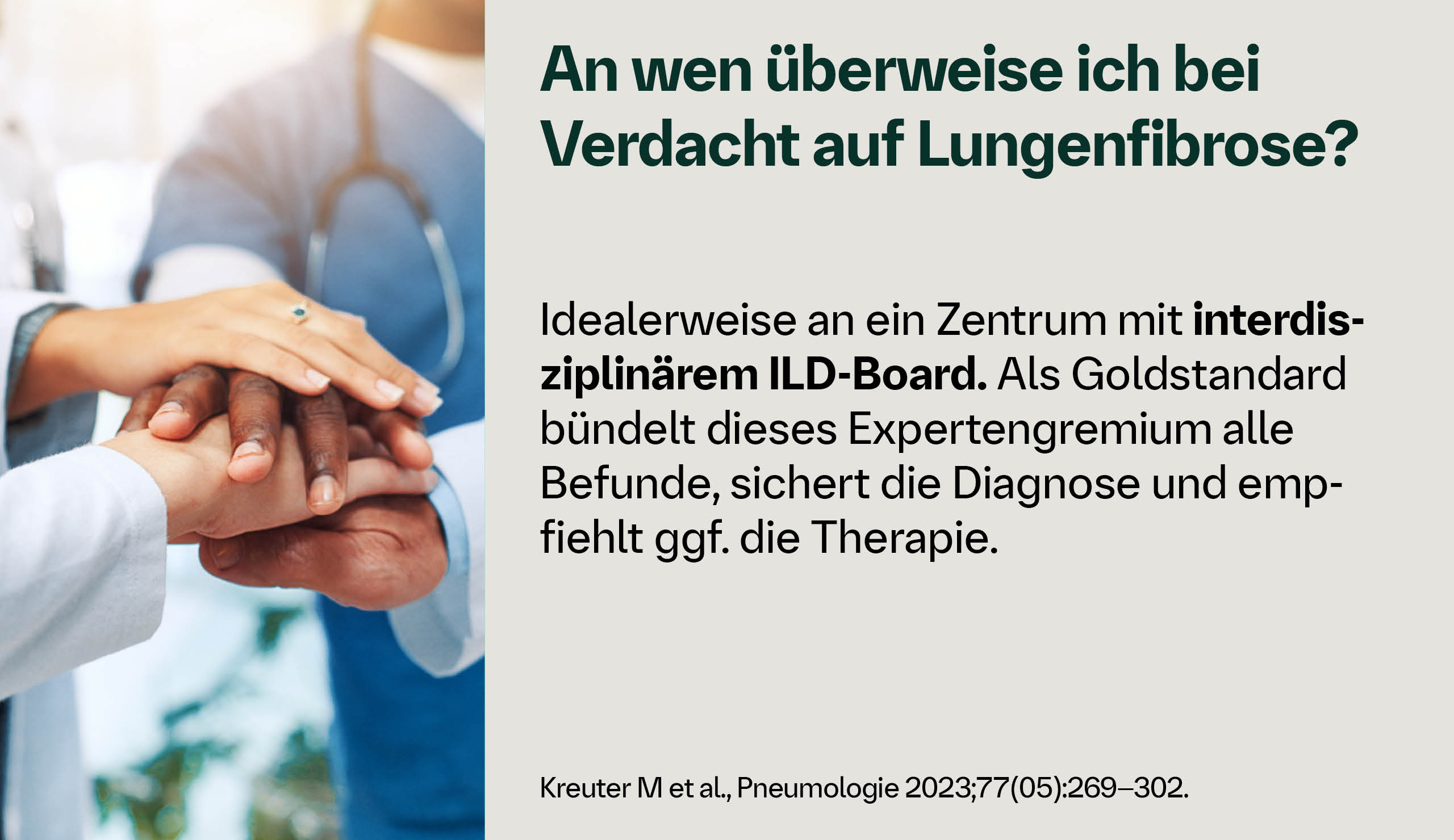 An wen überweise ich bei Verdacht auf Lungenfibrose?  Idealerweise an ein Zentrum mit interdisziplinärem ILD-Board. Als Goldstandard bündelt dieses Expertengremium alle Befunde, sichert die Diagnose und empfiehlt ggf. die Therapie. 