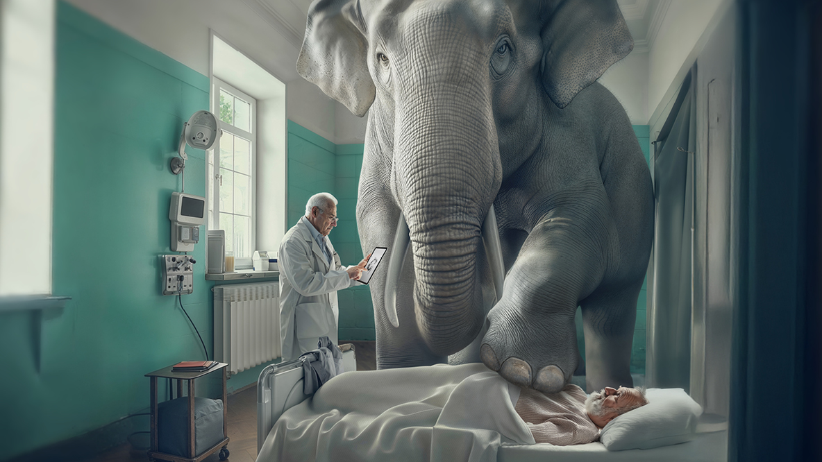 Illustration eines großen Elefanten, der mit einem Fuß auf dem Brustkorb eines Patienten im Krankenhausbett steht, während ein Arzt daneben mit einem Tablet in der Hand steht.