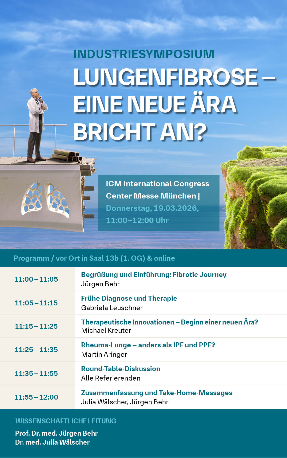 Programm: Boehringer Ingelheim Symposium "Lungenfibrose – Eine neue Ära bricht an?", Do., 19.03.2026, 11:00 bis 12:00 Uhr, Saal 13b (1. OG)