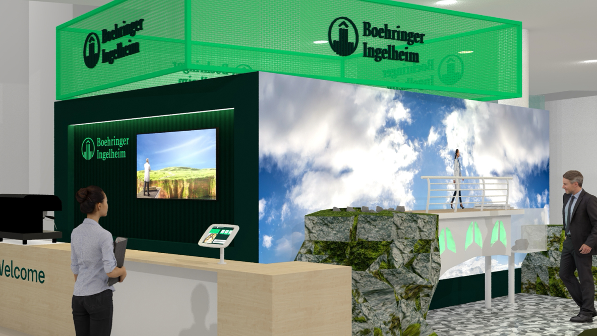 Vorschaubild des Boehringer Ingelheim Messestandes auf dem DGP-Kongress 2026 in München, exemplarisch mit interaktiven Elementen zur ILD-Versorgung.
